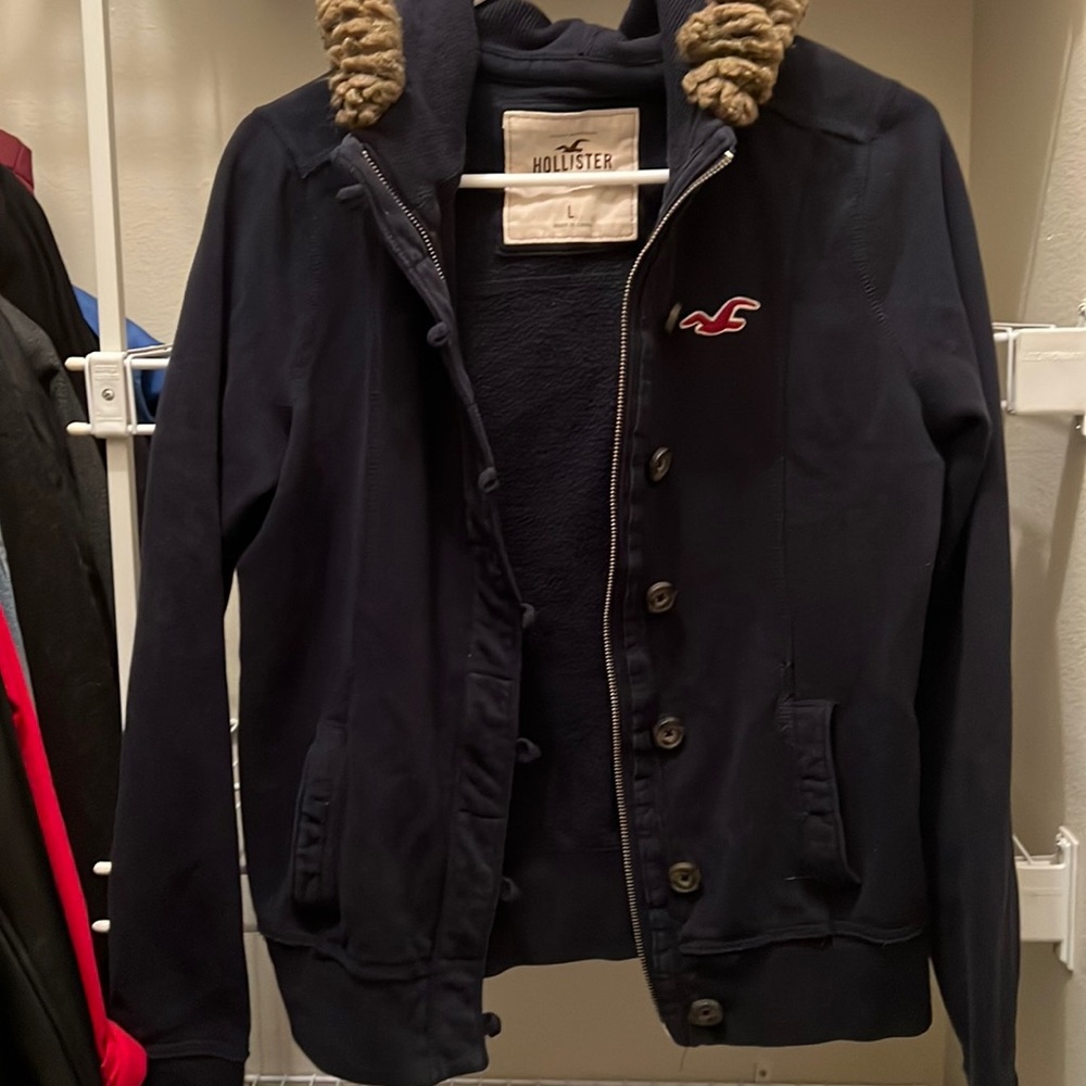 Hollister Blue Sweater with Fur Trim Hood